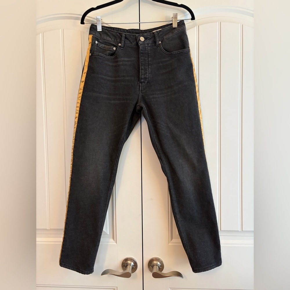Anthropologie Reiko Harlem‎ Herring Gold Stripe Black Tapered Ankle Jeans Sz 28